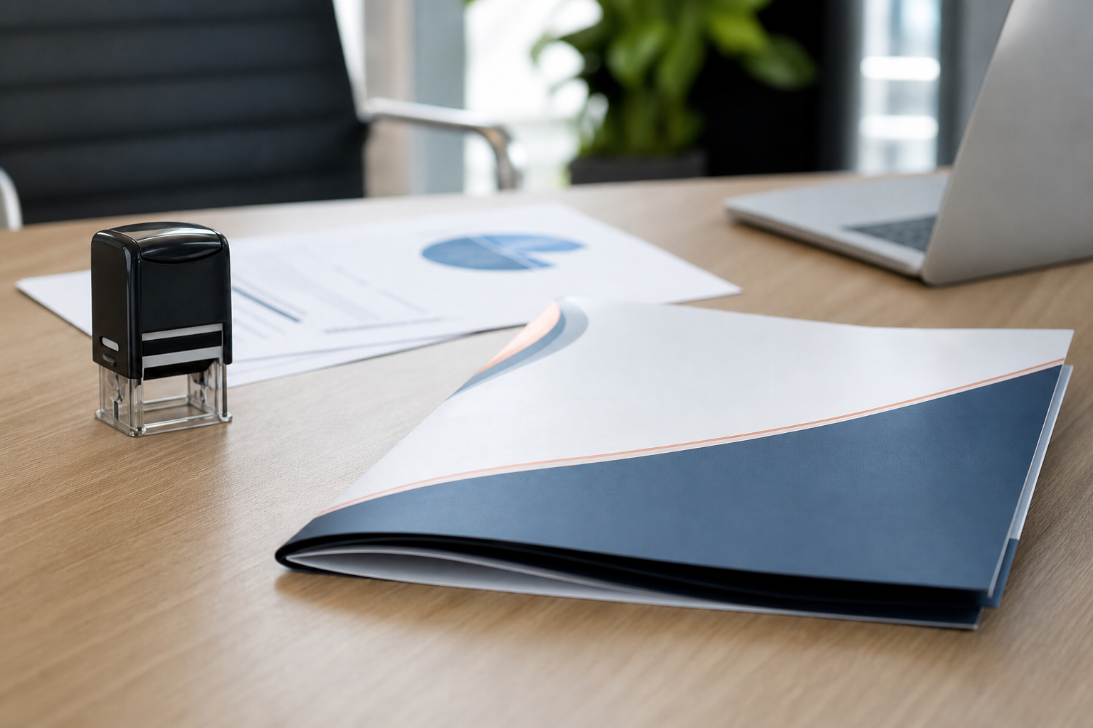 Corporate records and documentation on an office desk