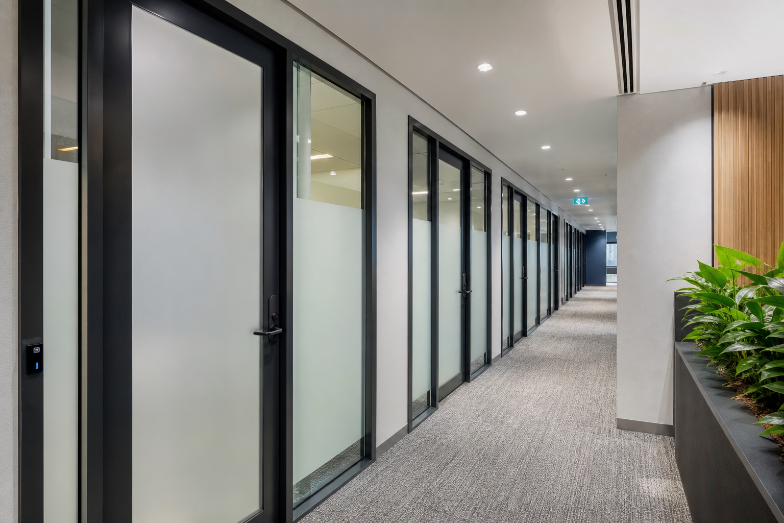 Building directory panel blurred in lobby