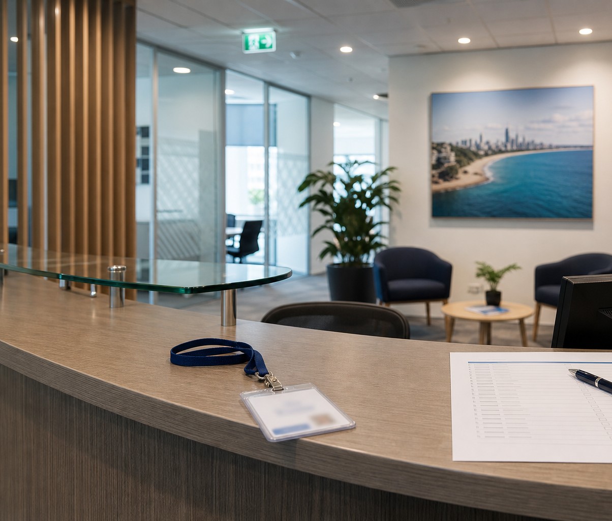 Visitor pass and appointment checklist on desk