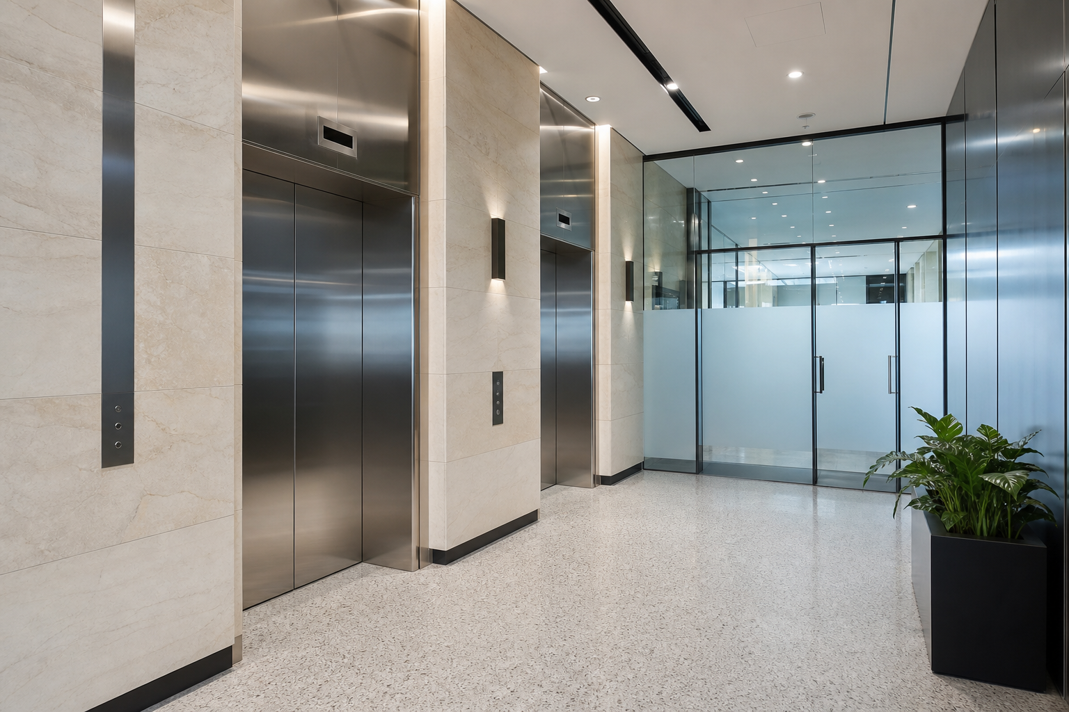 Commercial building lobby with wayfinding signage