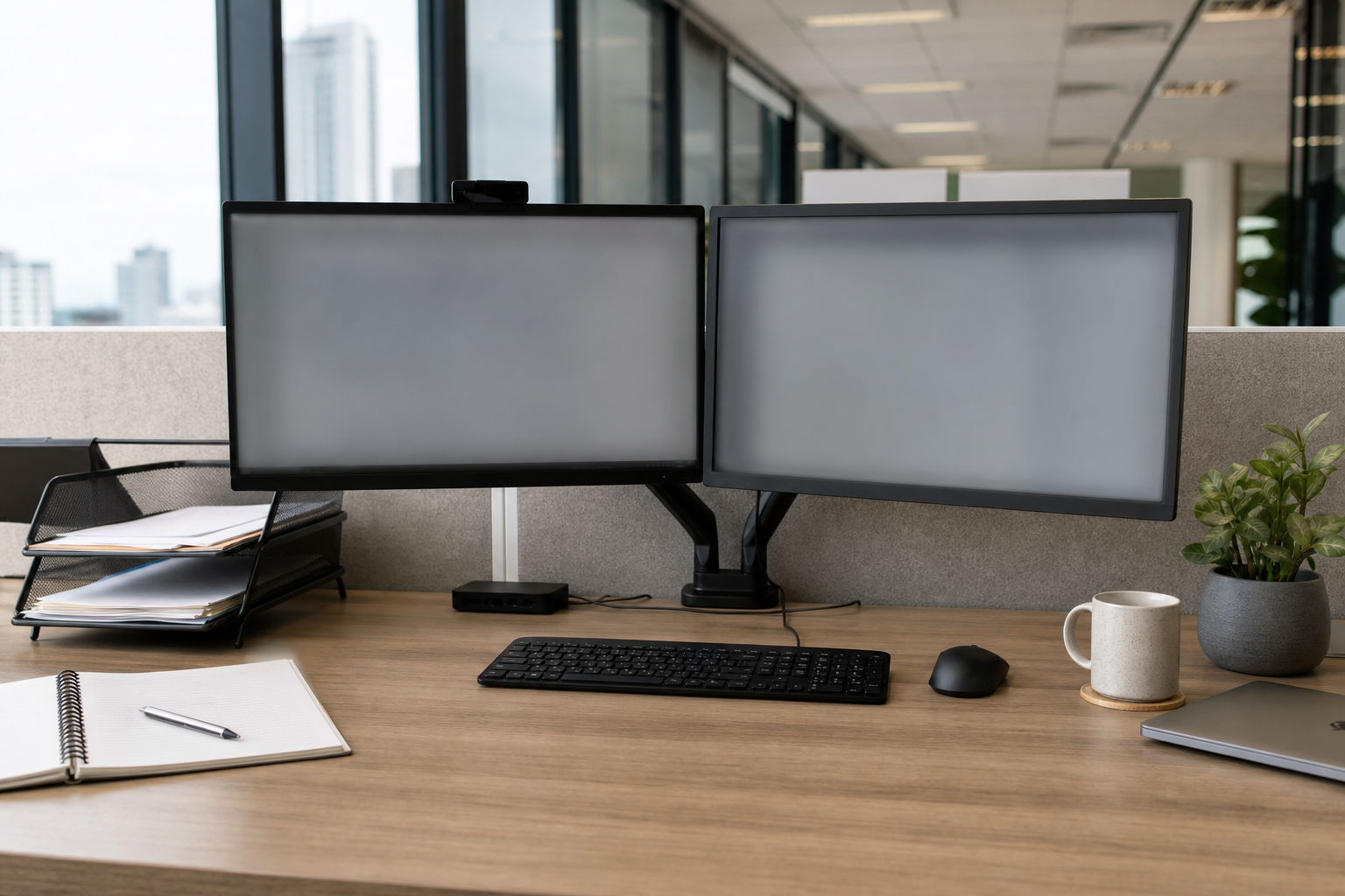 Quiet desk with dual monitors blurred