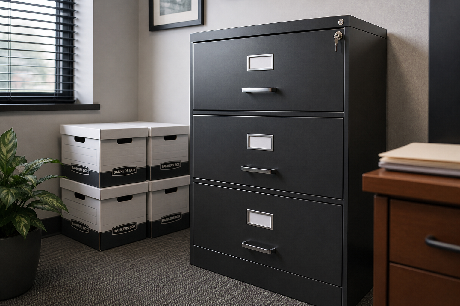 Locked filing cabinet in corner