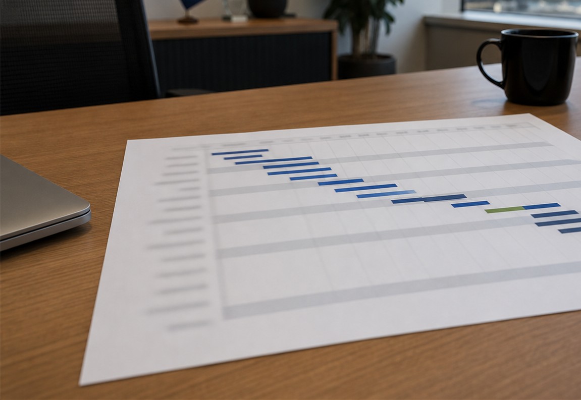 Master timeline planning chart on desk