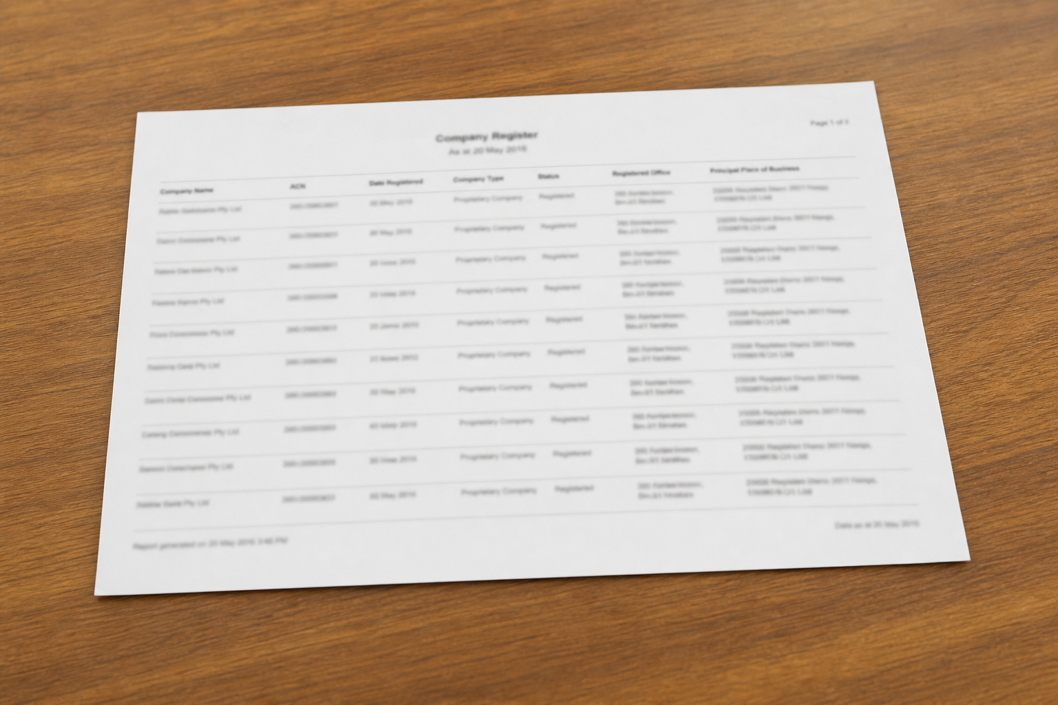 Company extract printout on desk